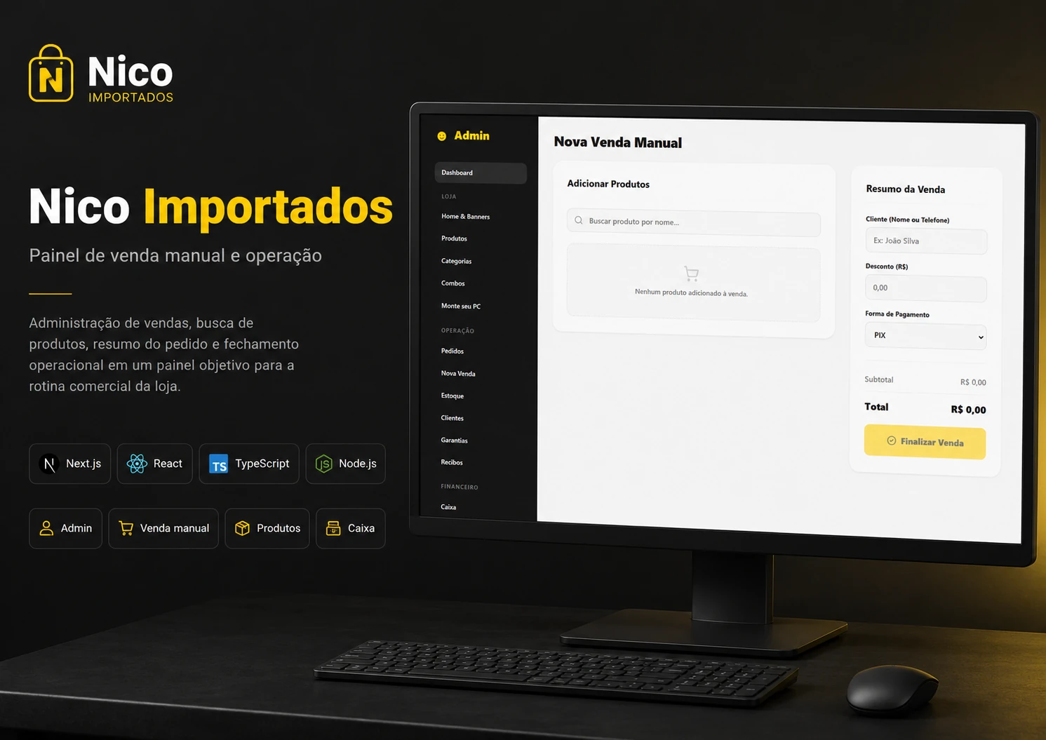 Painel de nova venda manual da Nico Importados com resumo do pedido.